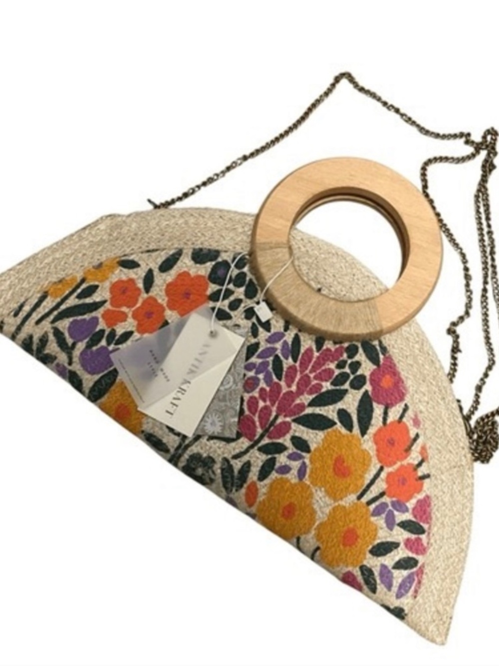 Antik Kraft Floral Embroidered Straw Clutch Bag Wood Handle Chain Strap
